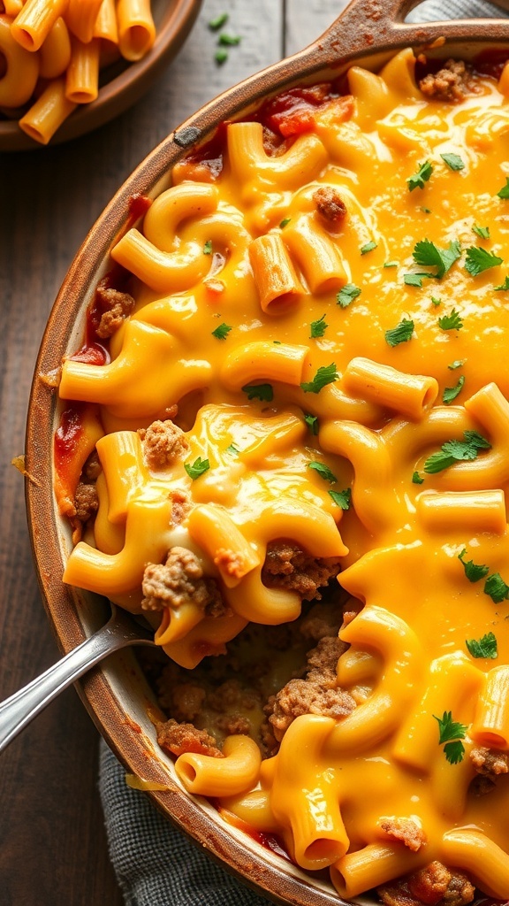 A cheesy hamburger casserole with pasta and ground beef, garnished with parsley, in a rustic baking dish.